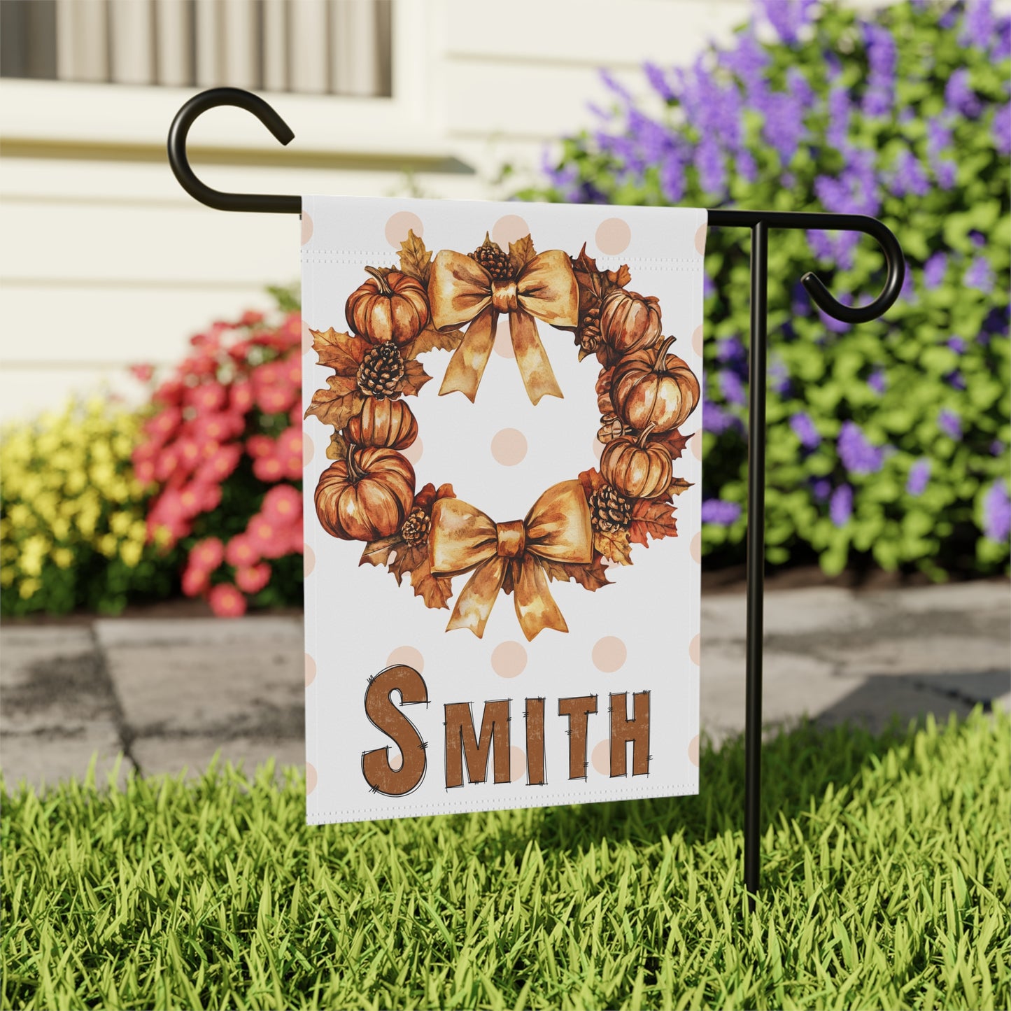 Personalized Fall Pumpkin Wreath Garden Flag Custom Name Autumn Outdoor Yard Decor, Polka Dot Thanksgiving Porch Decoration