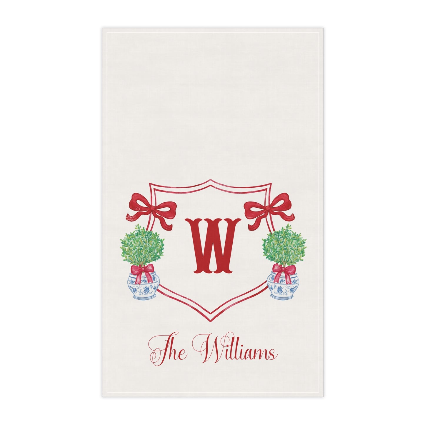 Monogram W with Topiary Shield Tea Towel | Personalized Kitchen Towel
