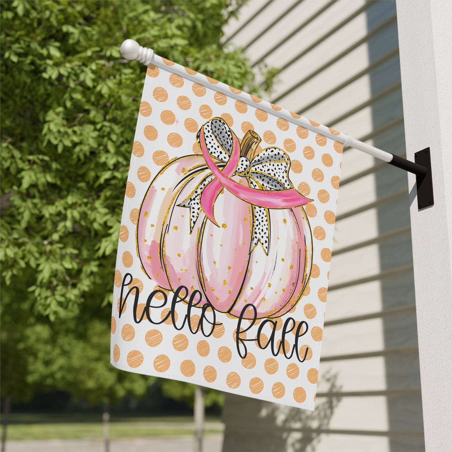 Pink Polka Dot Pumpkin Hello Fall Garden Flag | House Banner