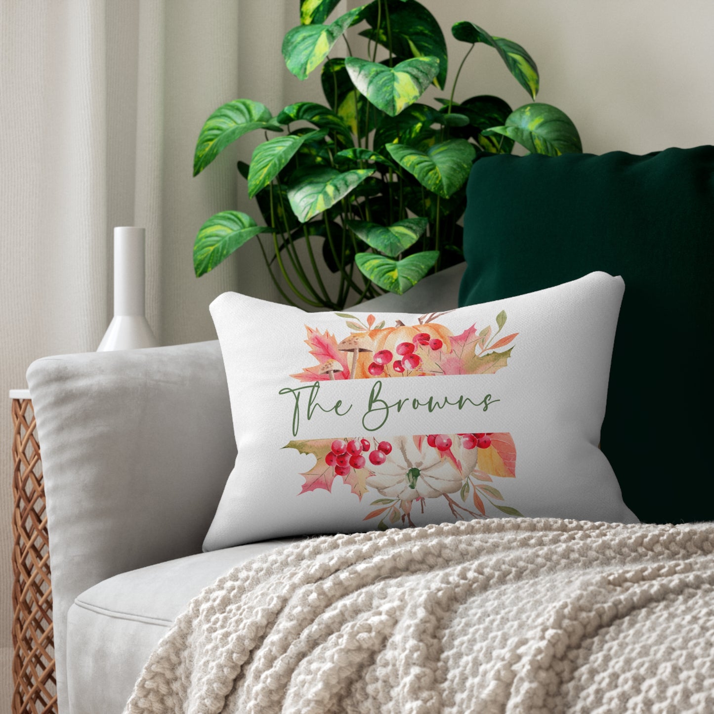 Autumn Floral Name Monogram Lumbar Pillow | Personalized Fall Plaid Lumbar Pillow