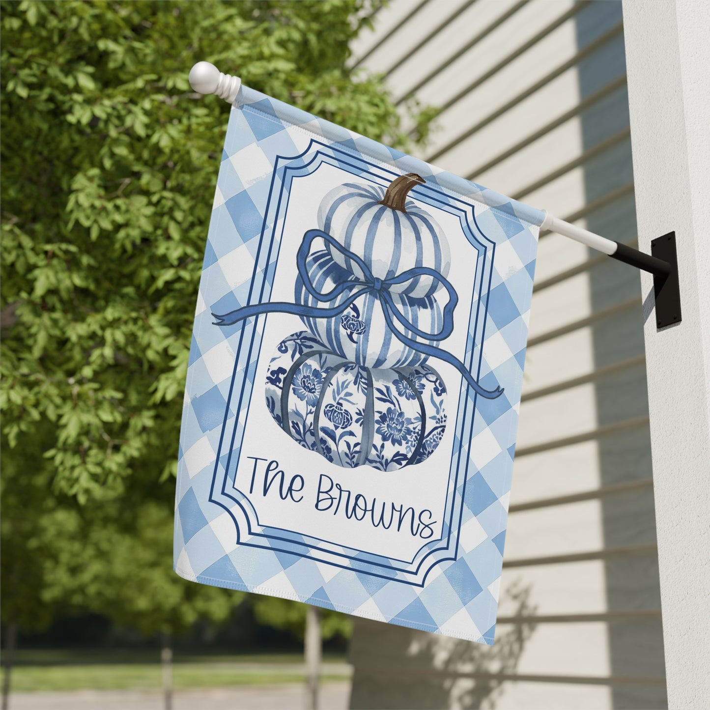 Blue Gingham Pumpkin with Bow Garden Flag | House Banner