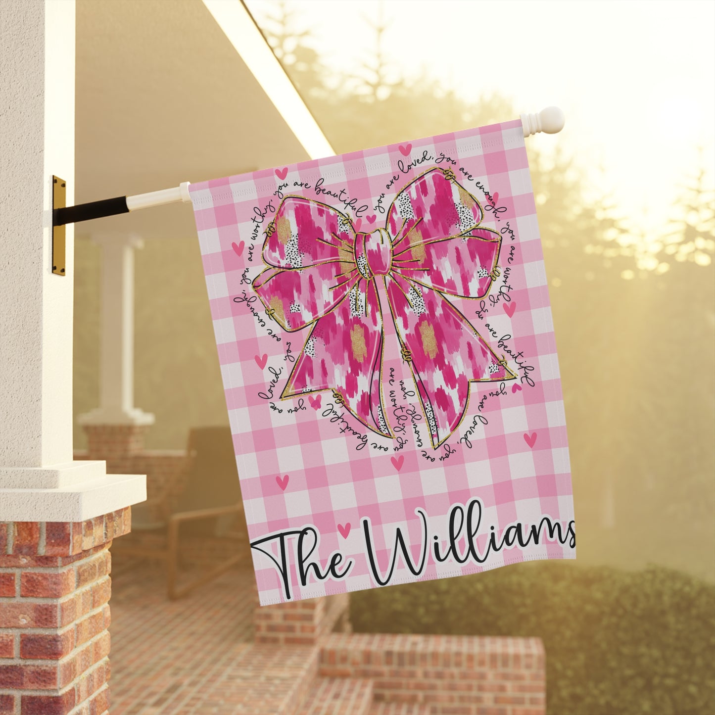 Personalized Valentine Garden Flag with Pink Bow