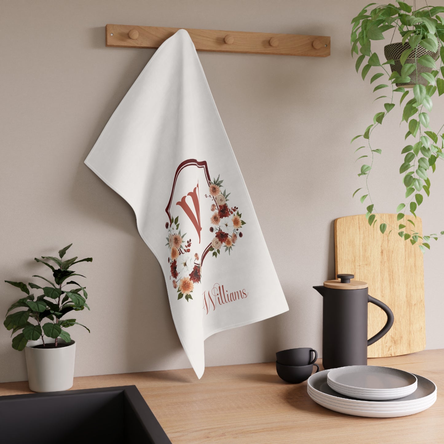 Monogram W Floral Crest Tea Towel | Personalized Kitchen Towel