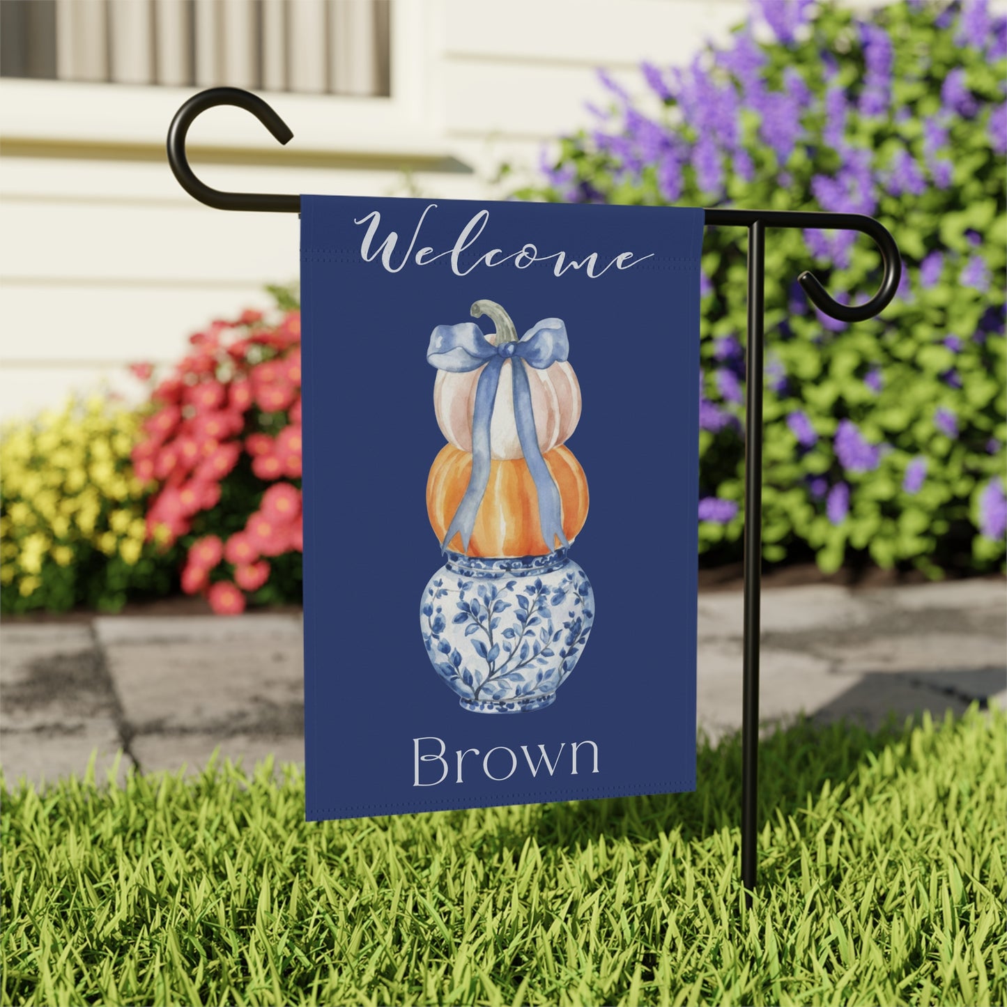 Stacked Pumpkins in Blue Vase Garden Flag | Welcome House Banner