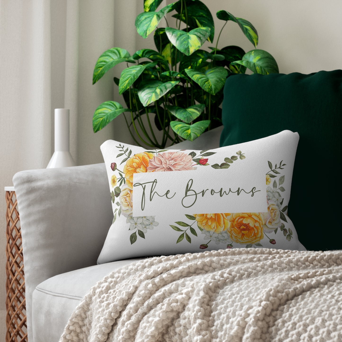 Floral Name Script Lumbar Pillow | Yellow Rose Check Back