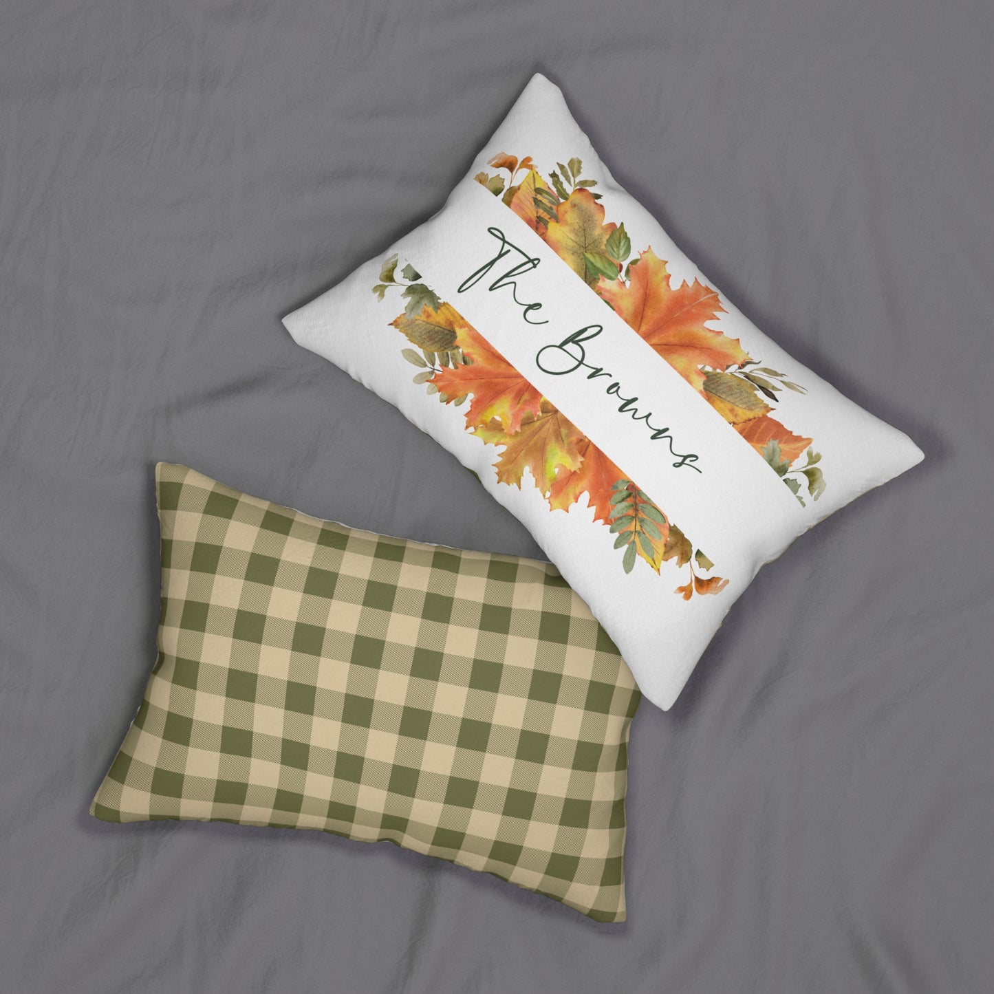 Personalized Fall Lumbar Pillow — "The Browns" Autumn Leaf Accent