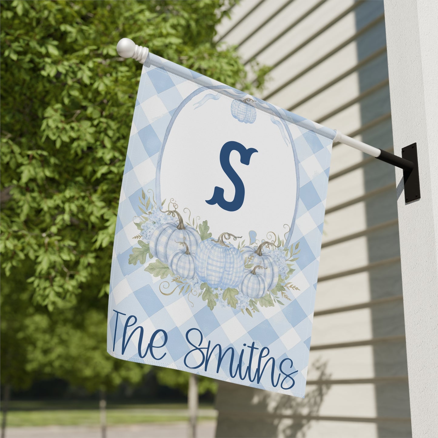 Blue Gingham Monogram S Garden Flag | Personalized House Banner