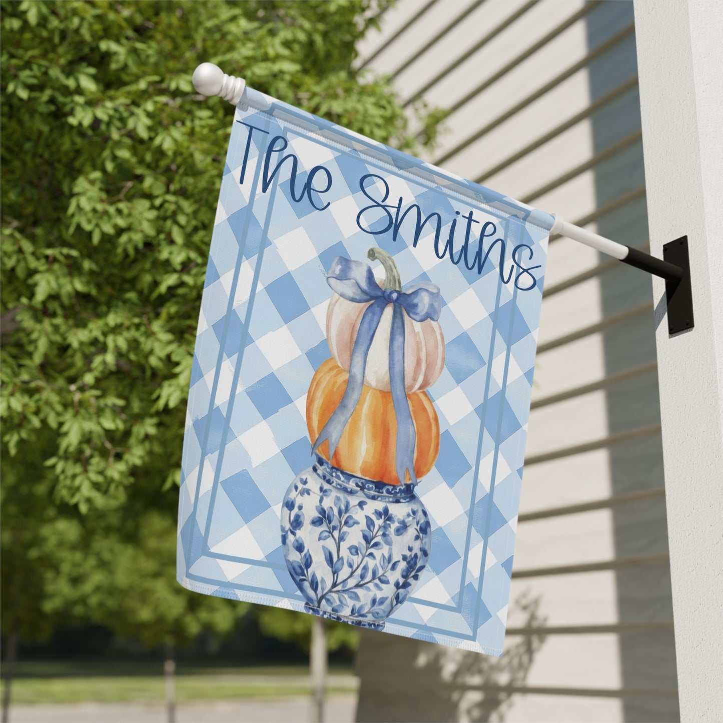Blue Gingham Pumpkin Stack Garden Flag | Garden Banner