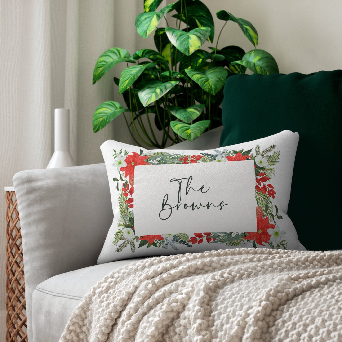 Christmas Floral Wreath Lumbar Pillow | Plaid Back