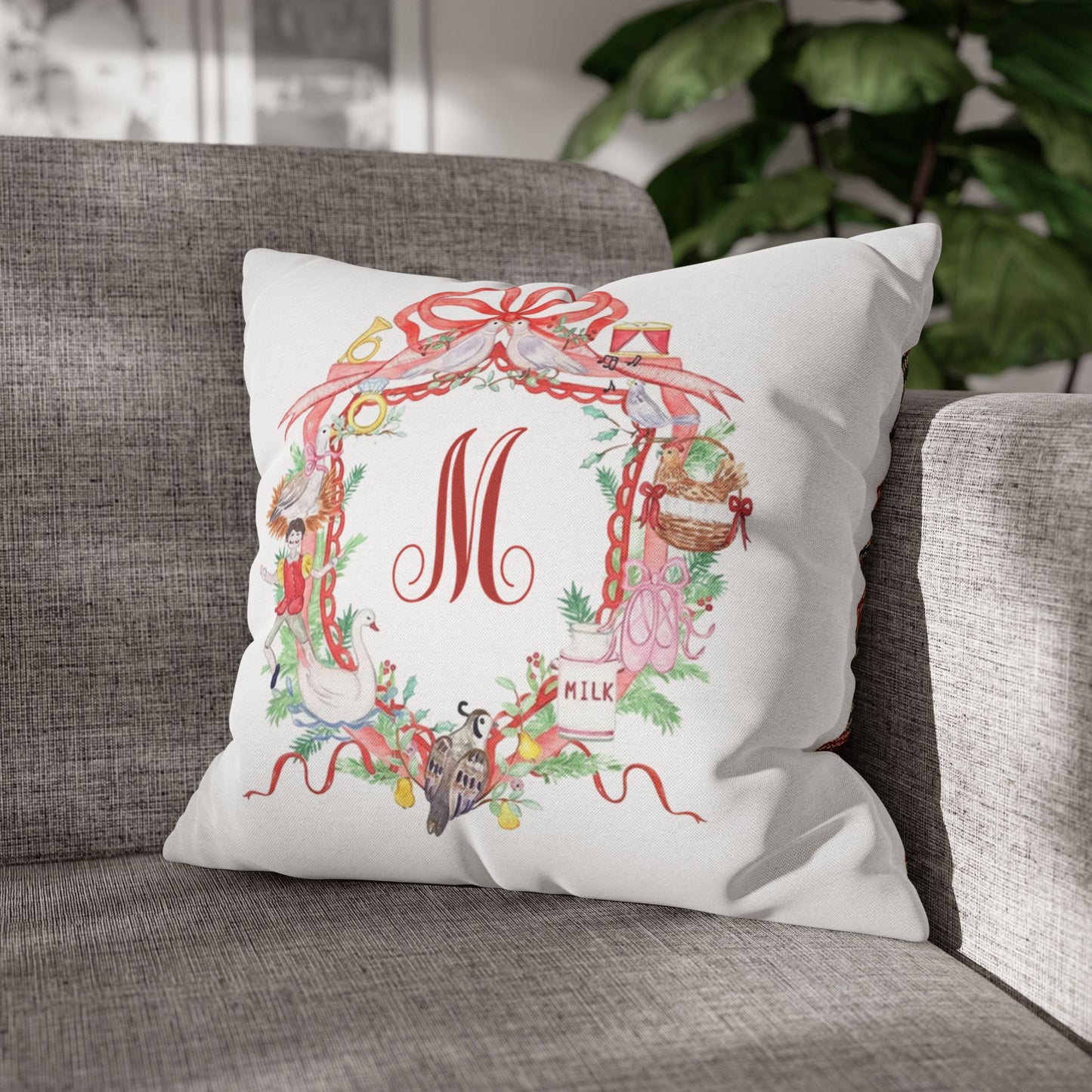 Floral Ribbon Monogram M Pillowcase