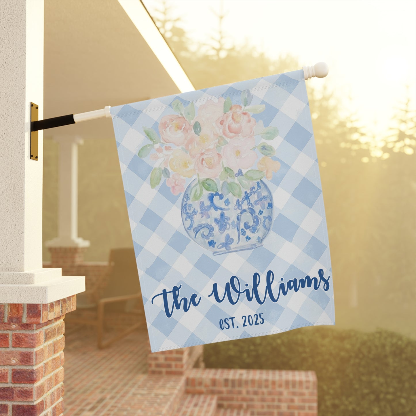 Personalized Blue Gingham Floral Vase Garden Flag
