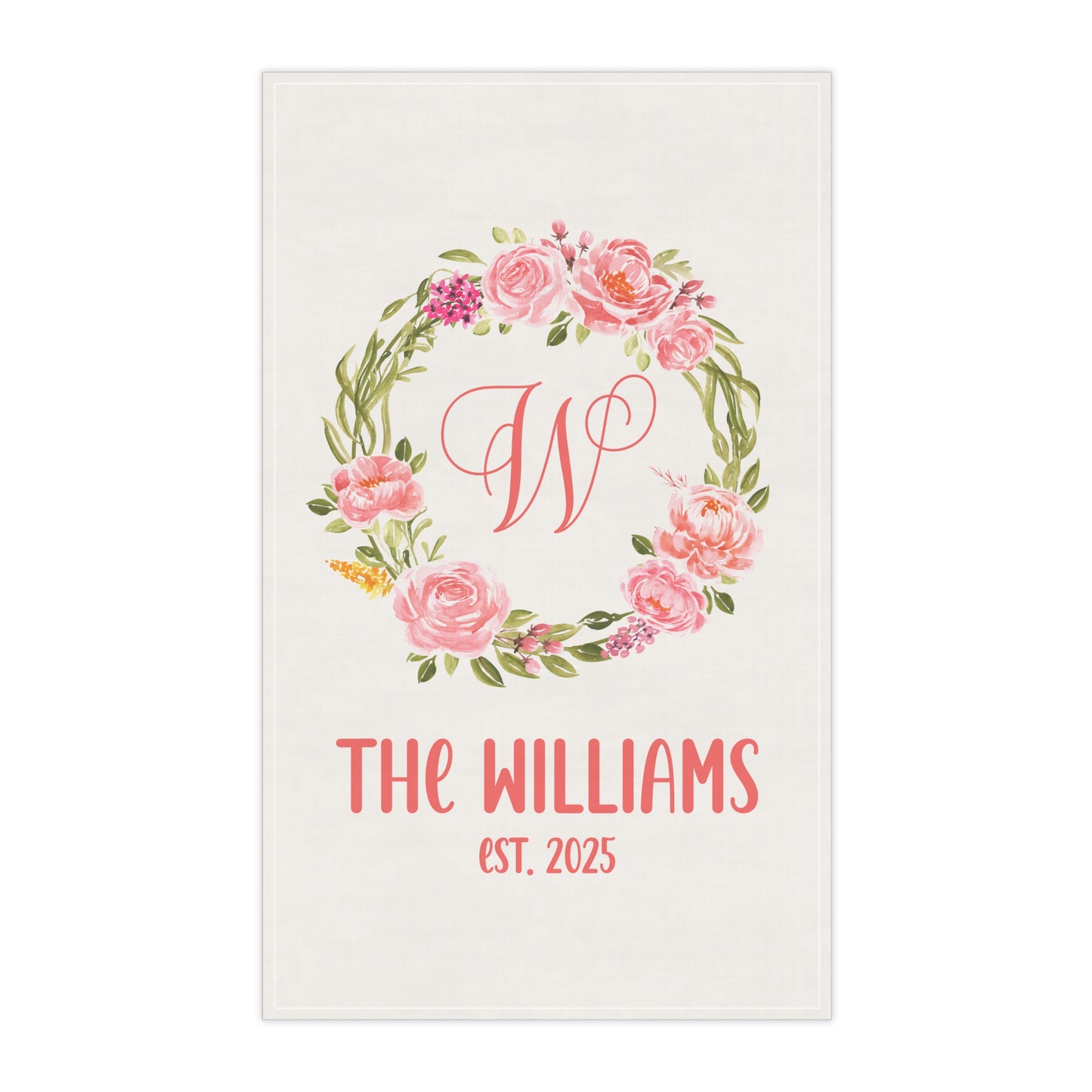 Personalized Floral Wreath Monogram Tea Towel | Personalized Kitchen Towel