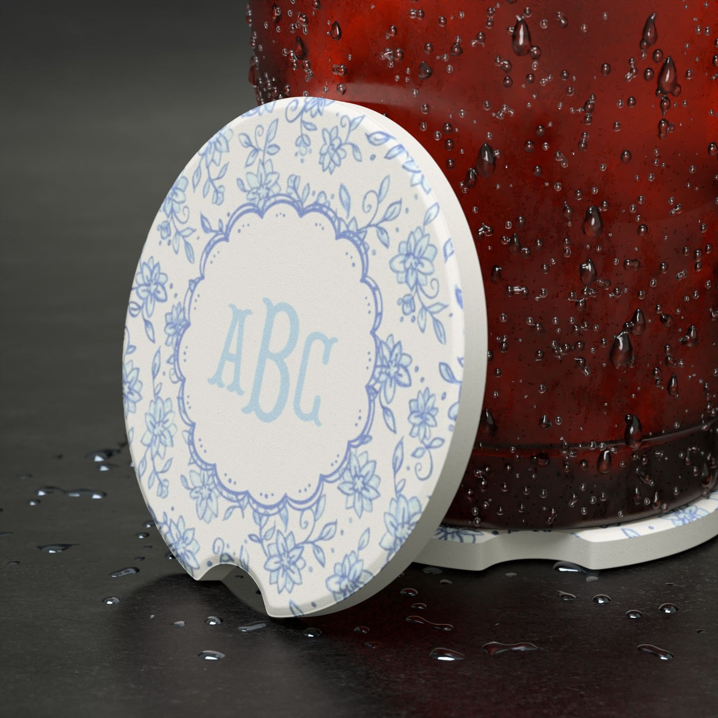 Blue Floral Monogram Soapstone Car Coaster