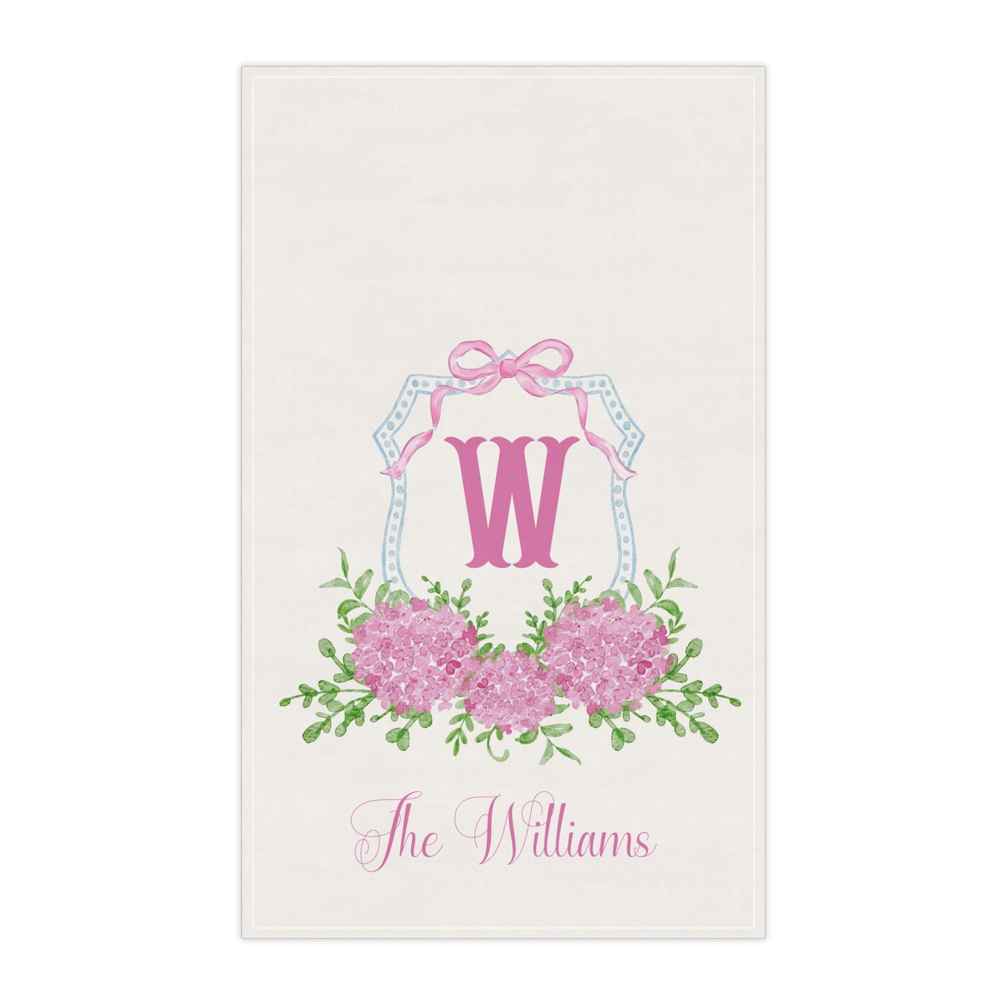 Pink Hydrangea Monogram W Tea Towel | Cotton Kitchen Towel