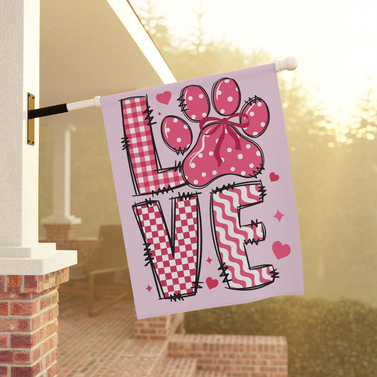 dog paw print LOVE Valentines garden flag with pink hearts and gingham letters on pale pink background