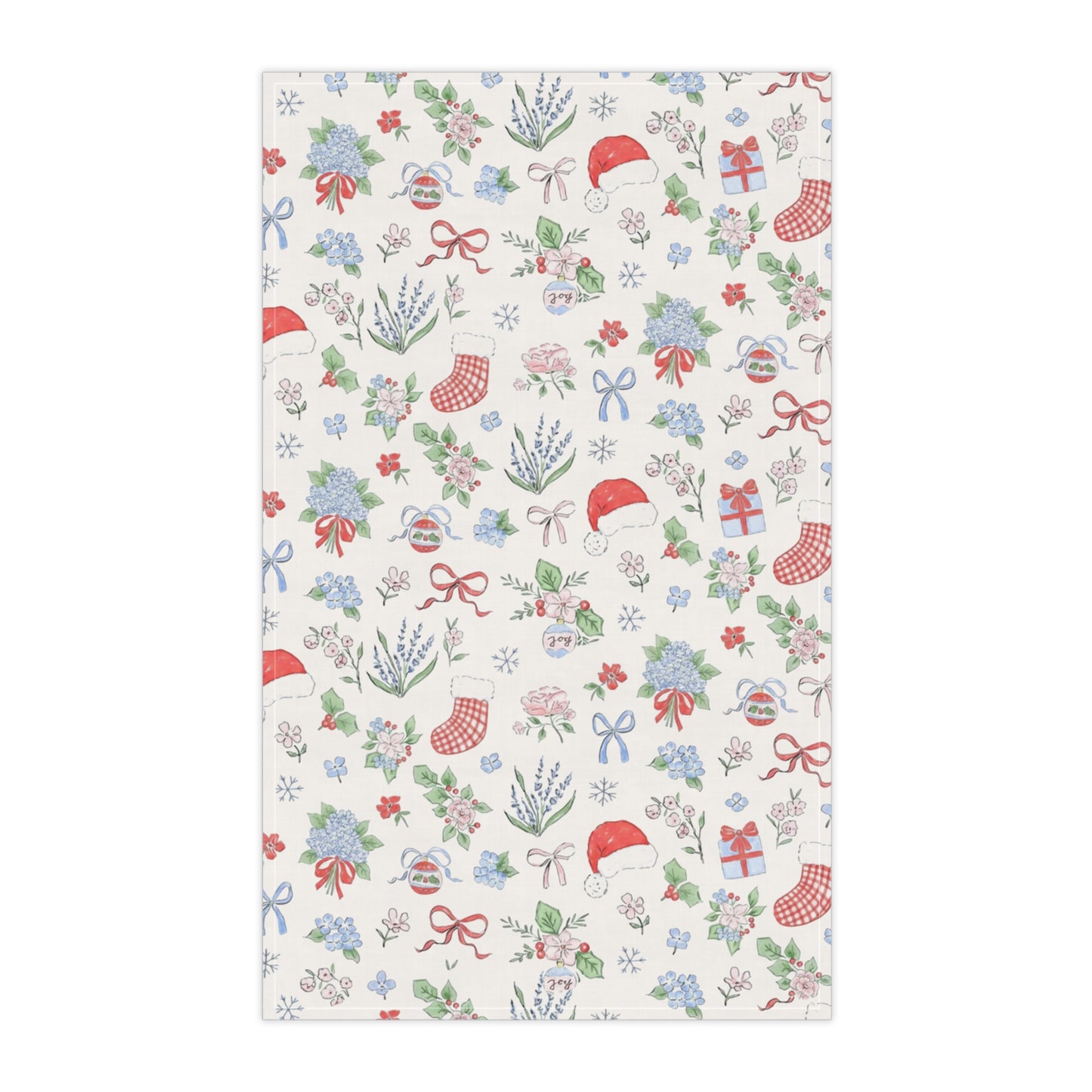 Christmas Pattern Tea Towel | Holiday Stocking, Santa Hat, Holly Print
