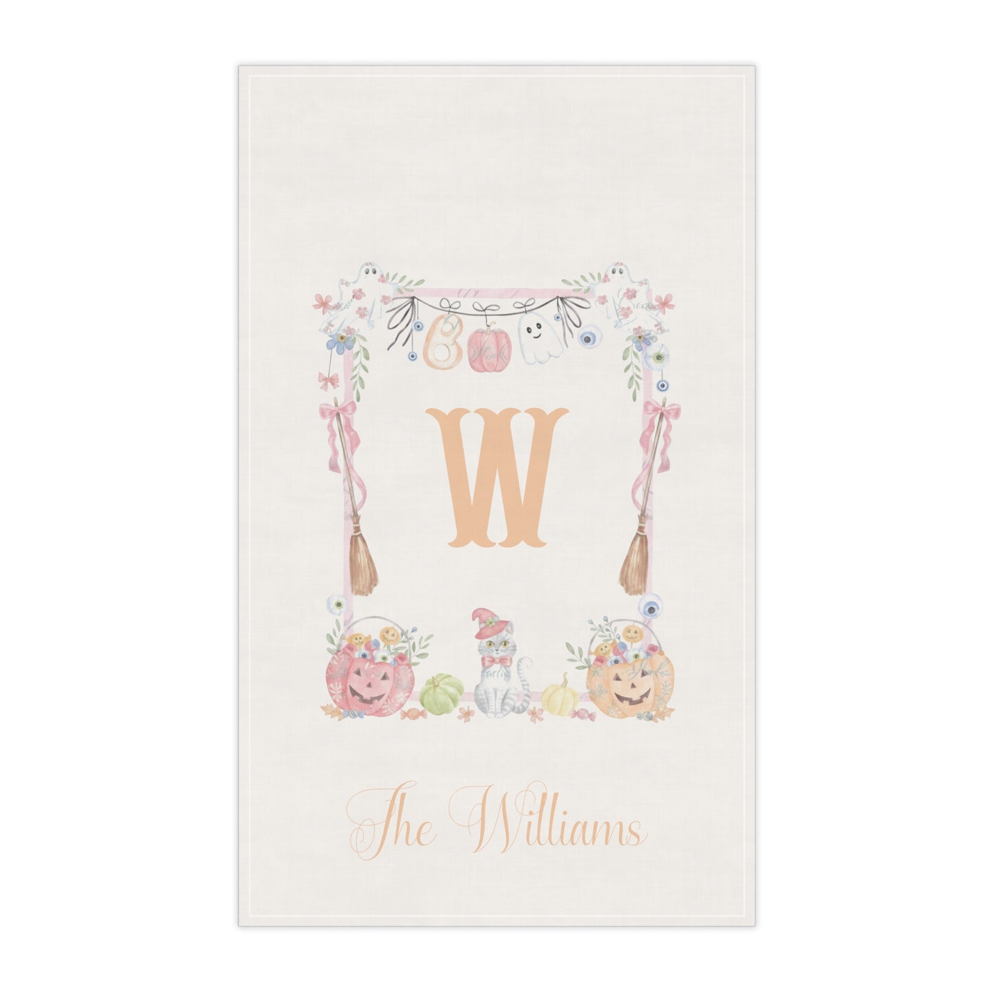 Monogram W Pumpkin Bunny Fall Tea Towel | Personalized Kitchen Towel