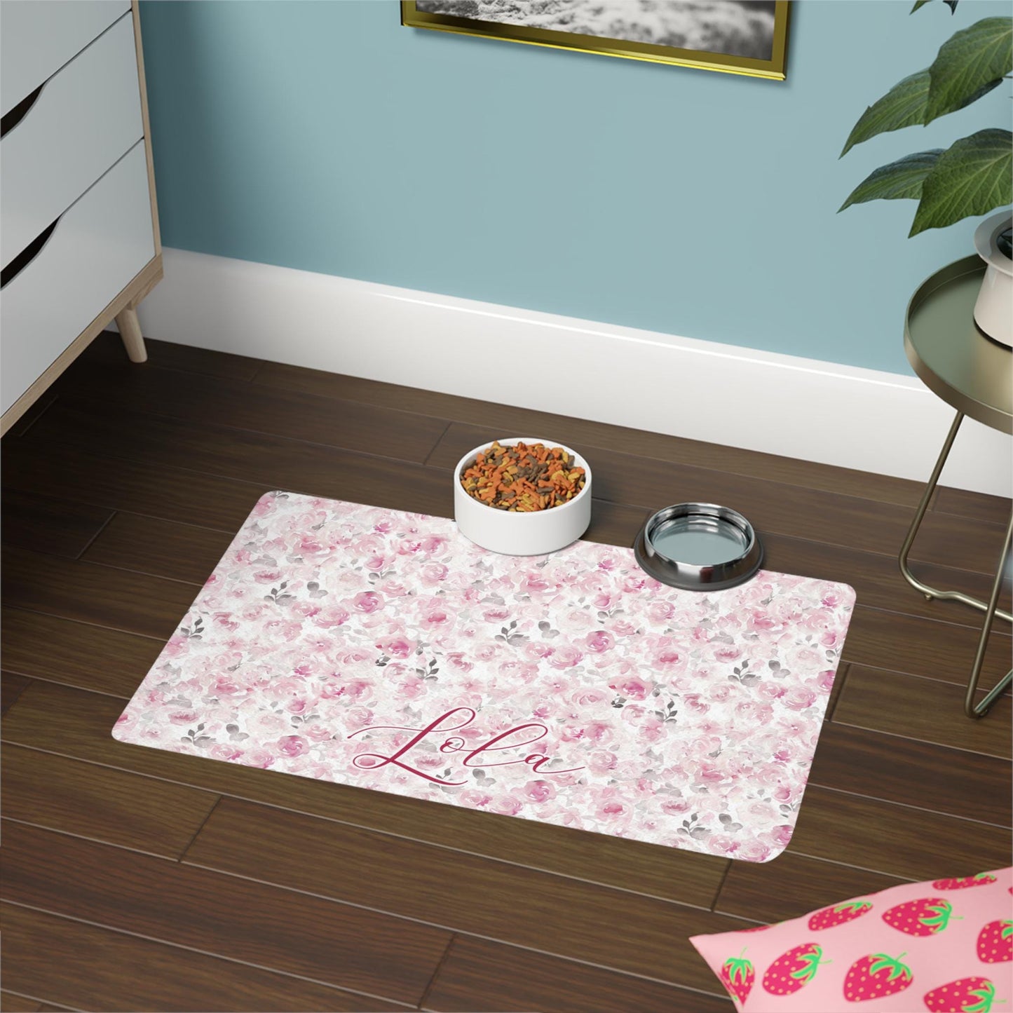 Personalized Pink Floral Pet Food Mat