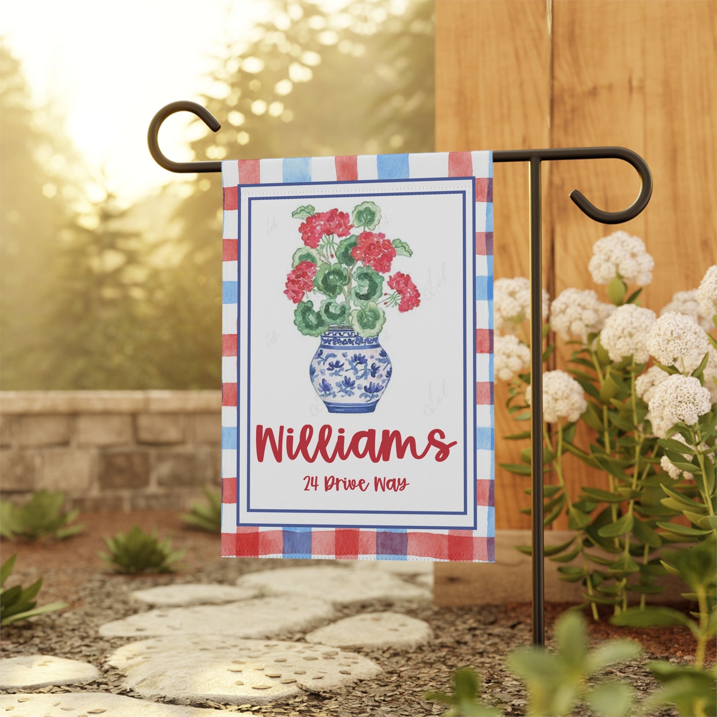Personalized Red Geranium Garden Flag with Name & Address