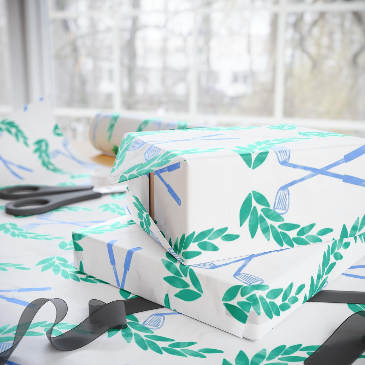 Golf Wrapping Paper Blue Golf Club and Laurel