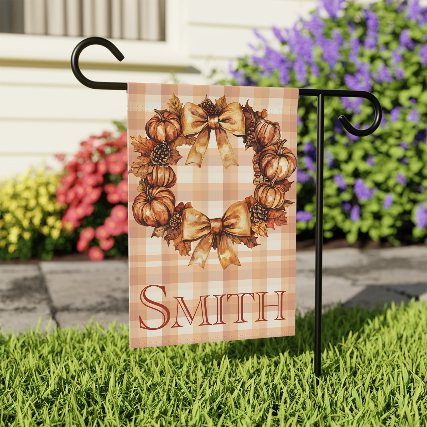 Personalized Fall Pumpkin Wreath Garden Flag Custom Name Autumn Outdoor Yard Decor, Thanksgiving Plaid Seasonal Porch Decoration