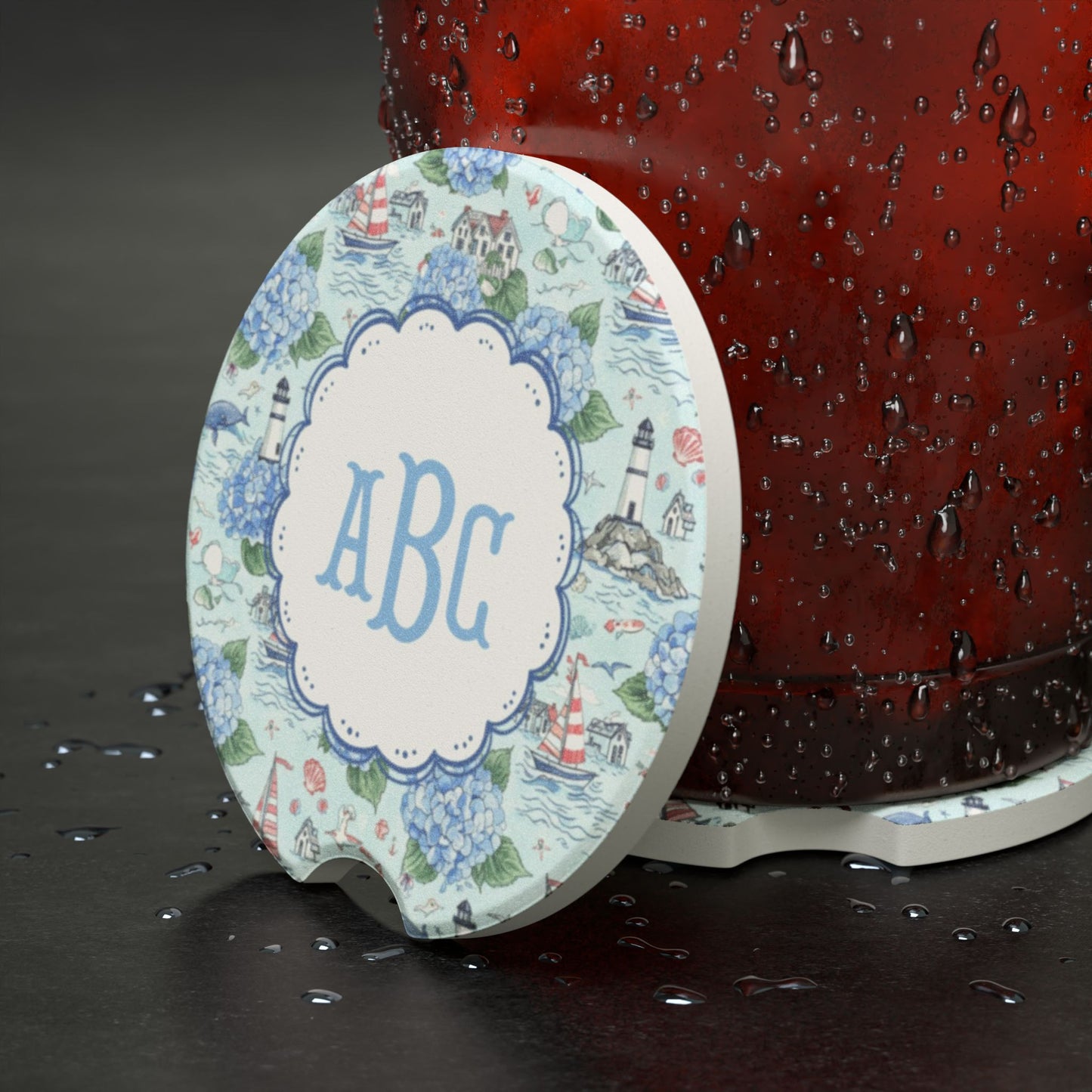 Nautical Hydrangea Monogram Car Coaster | Soapstone