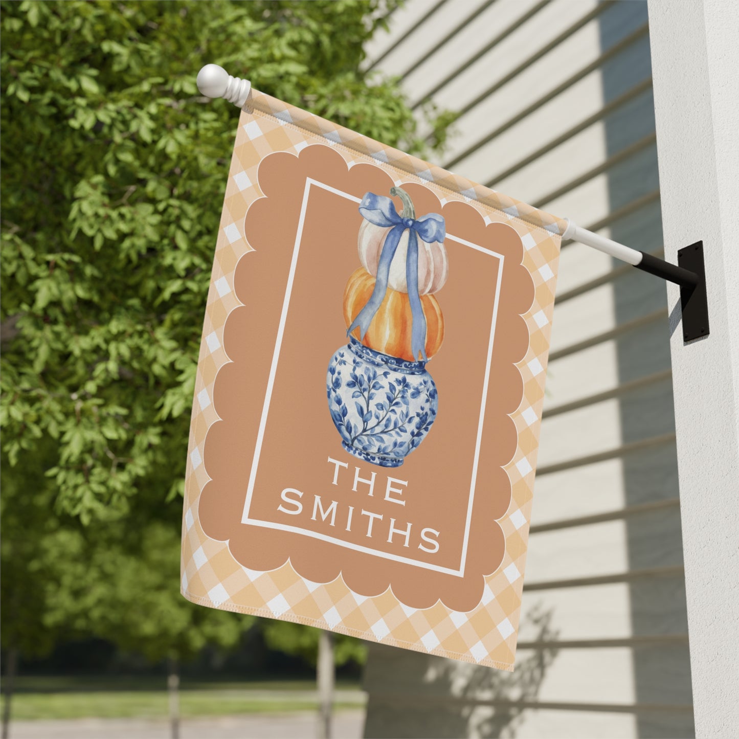 Stacked Pumpkins in Blue Vase Garden Flag | House Banner, Personalized Name
