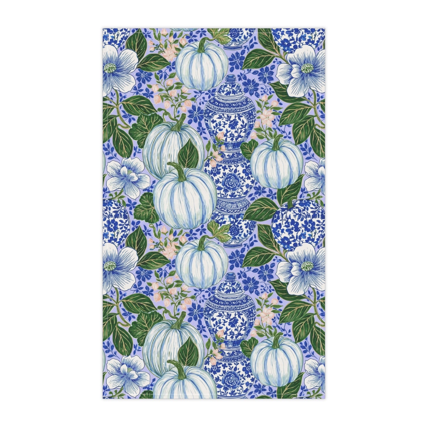 Blue and White Chinoiserie Pumpkin Tea Towel, Ginger Jar Floral Print, Grandmillennial Fall Kitchen Decor
