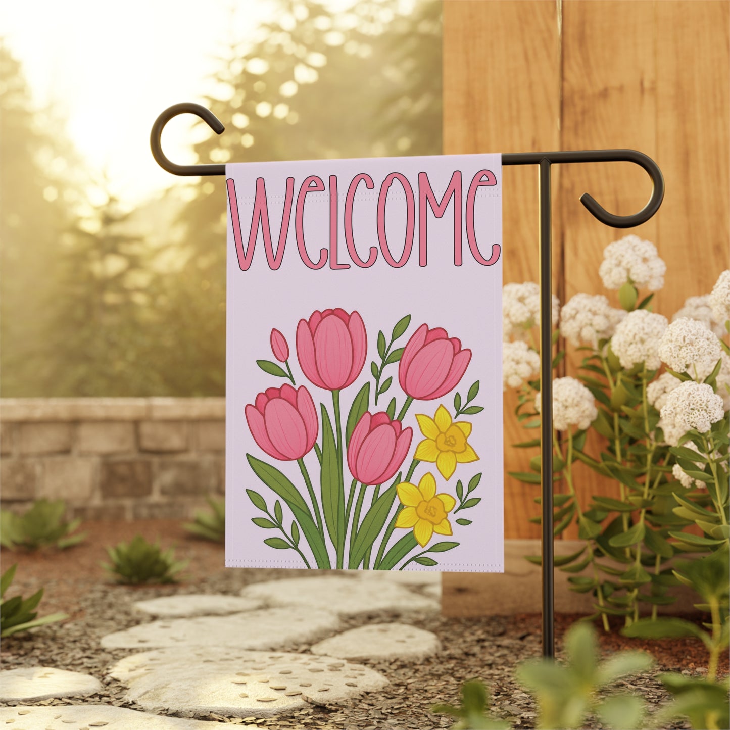 Pink Tulips and Daffodils Welcome Garden Flag