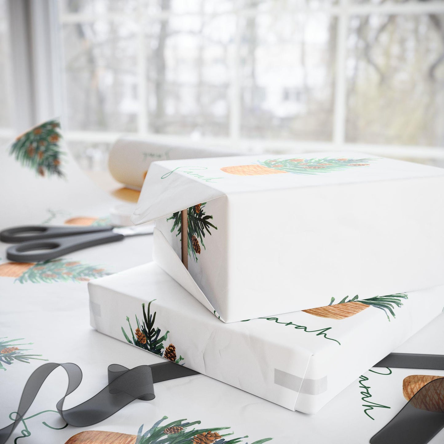 Personalized Watercolor Pine Tree Christmas Wrapping Paper