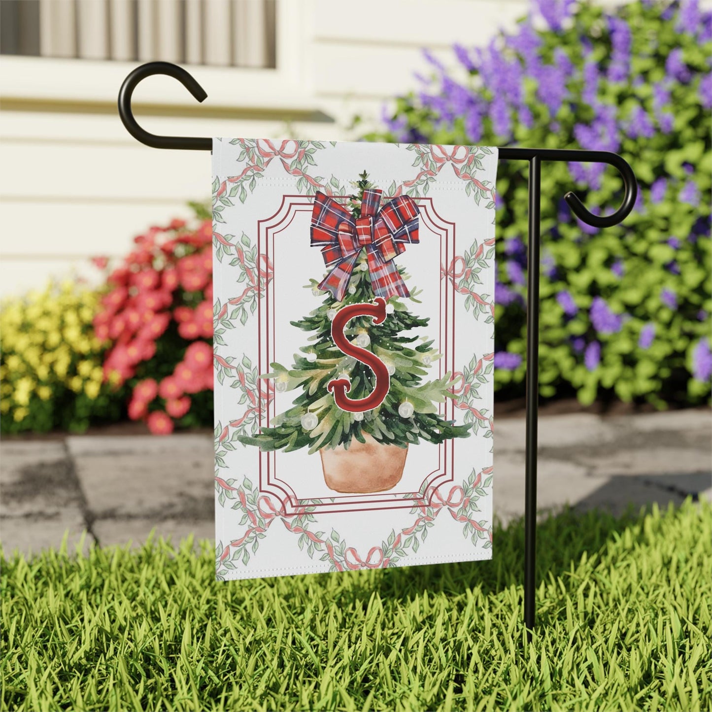 Personalized Christmas Garden Flag Monogram Tree with Tartan Bow