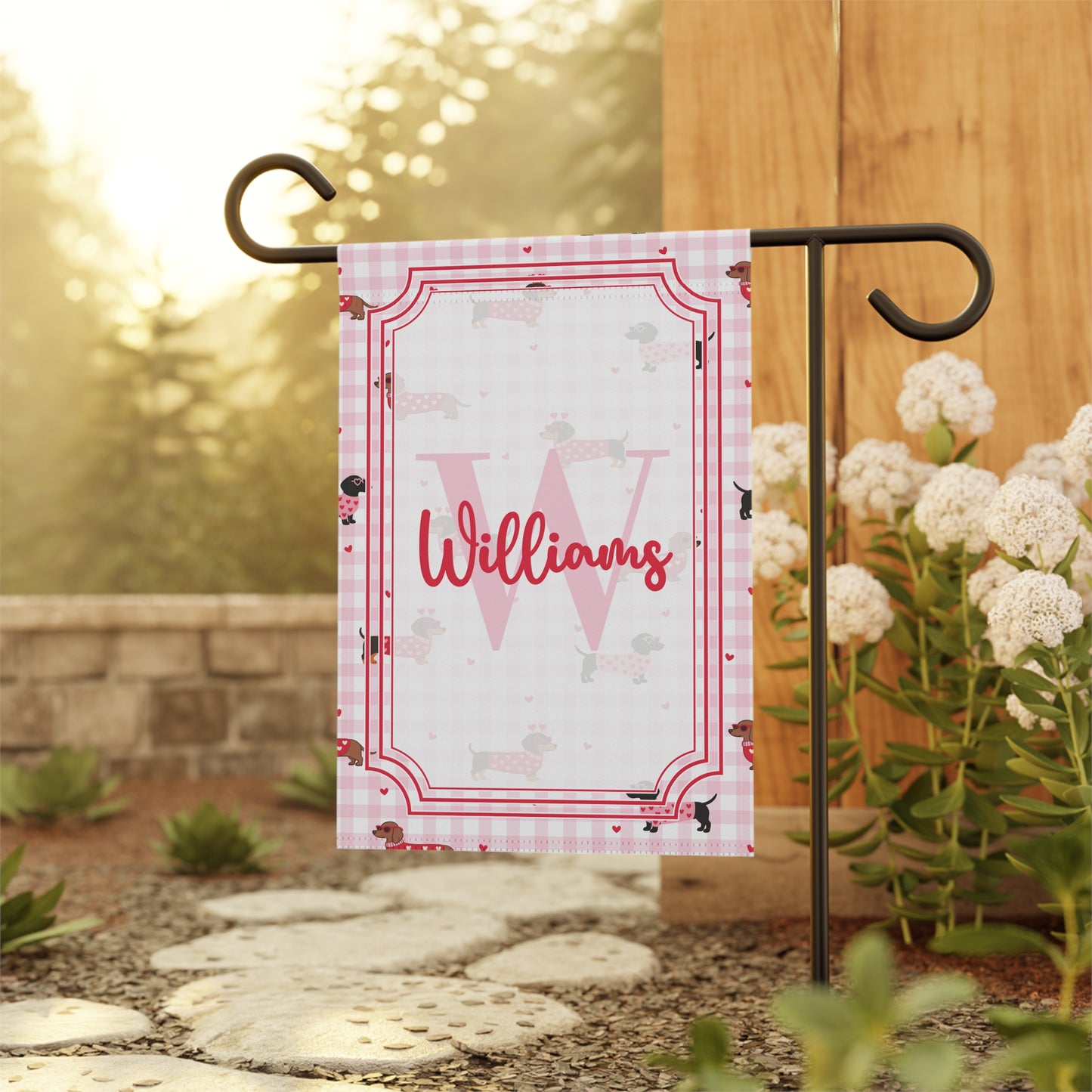 Personalized Pink Dachshund Valentines Day Garden Flag