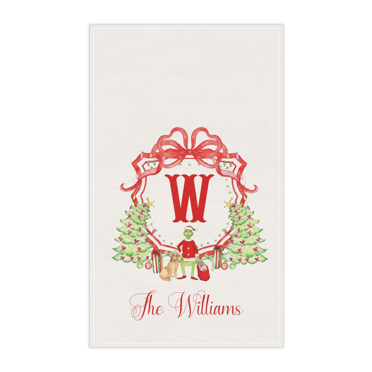 Monogram W Christmas Wreath Tea Towel | Personalized Kitchen Towel