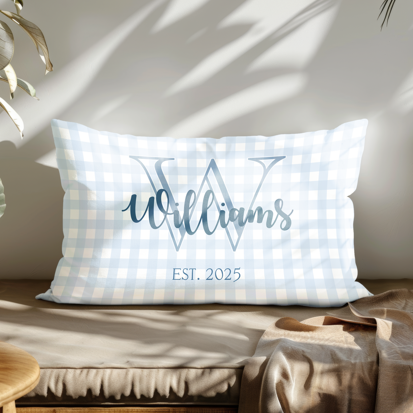 Personalized Blue Gingham Outdoor Pillow with Monogram