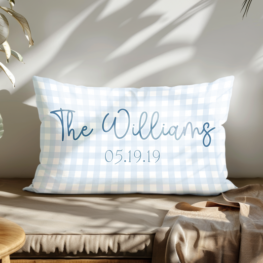Personalized Blue Gingham Outdoor Pillow