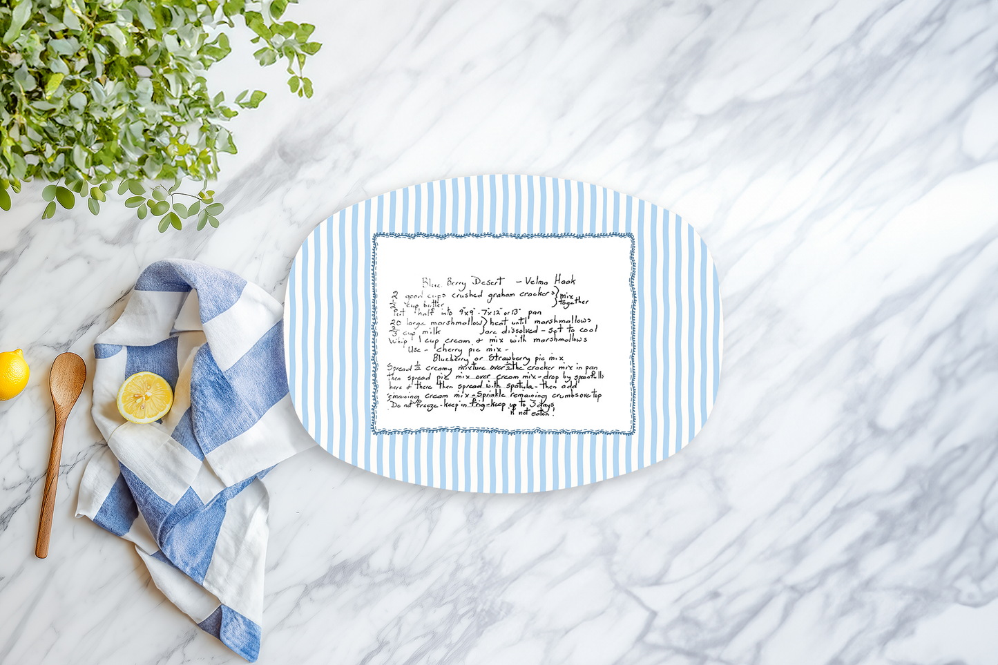 Personalized Handwritten Recipe Platter | Custom Family Recipe Serving Tray | Blue Stripe Recipe Keepsake Gift