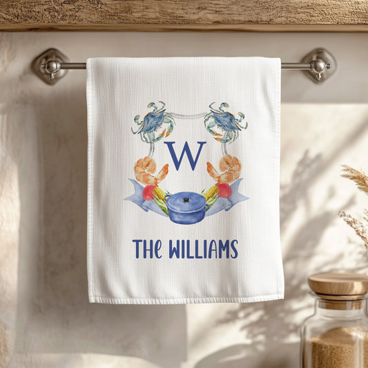 Crab Monogram Crest Tea Towel