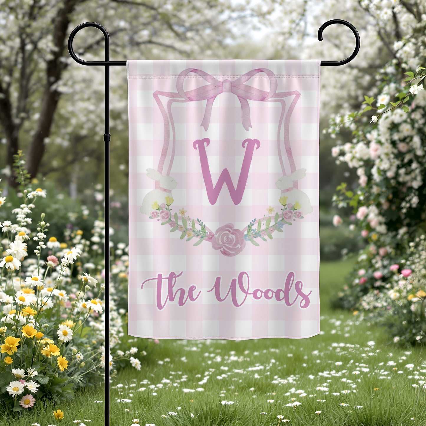 Personalized Easter Bunny Floral Pink Gingham Garden Flag