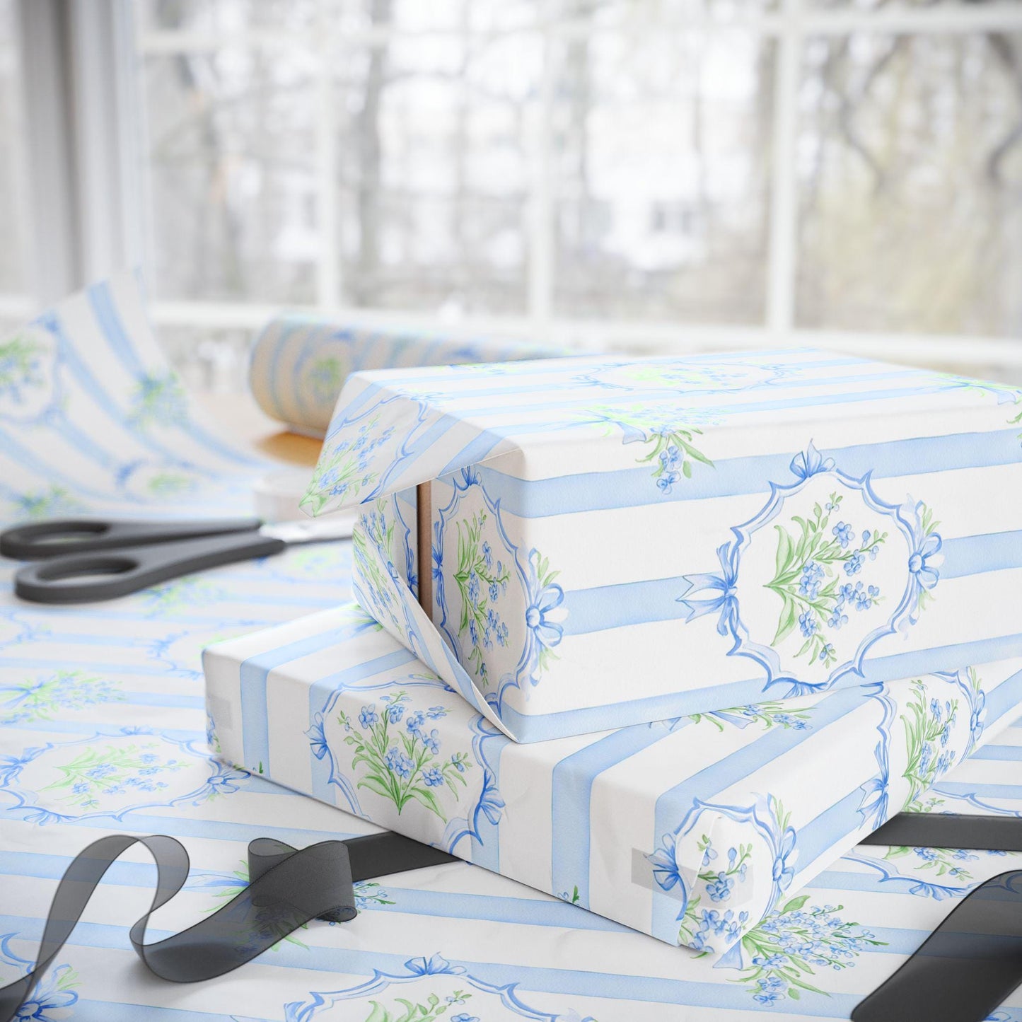 Blue Stripe Vintage Floral Wrapping Paper