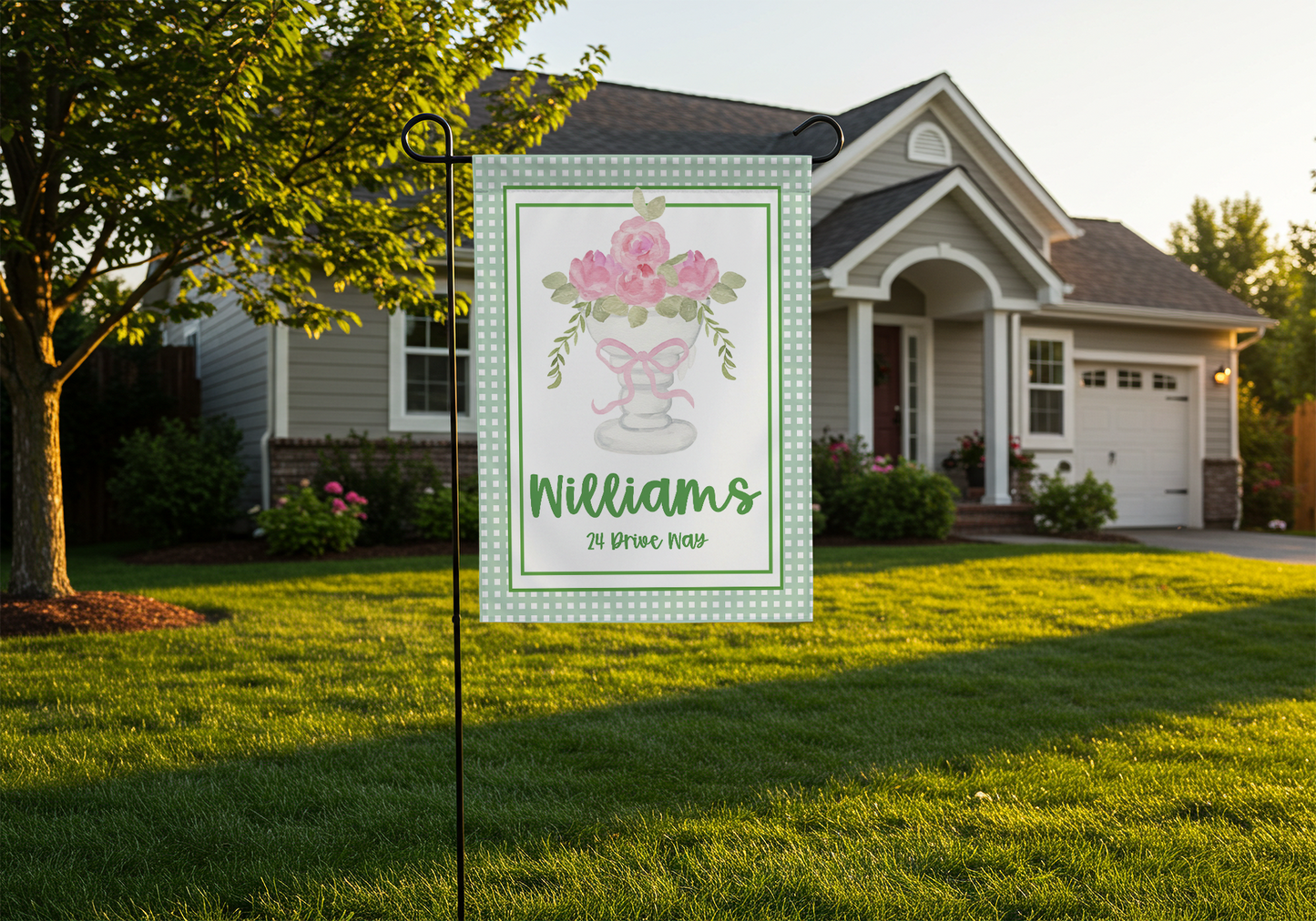 Pink Rose Personalized Garden Flag with Name & Address
