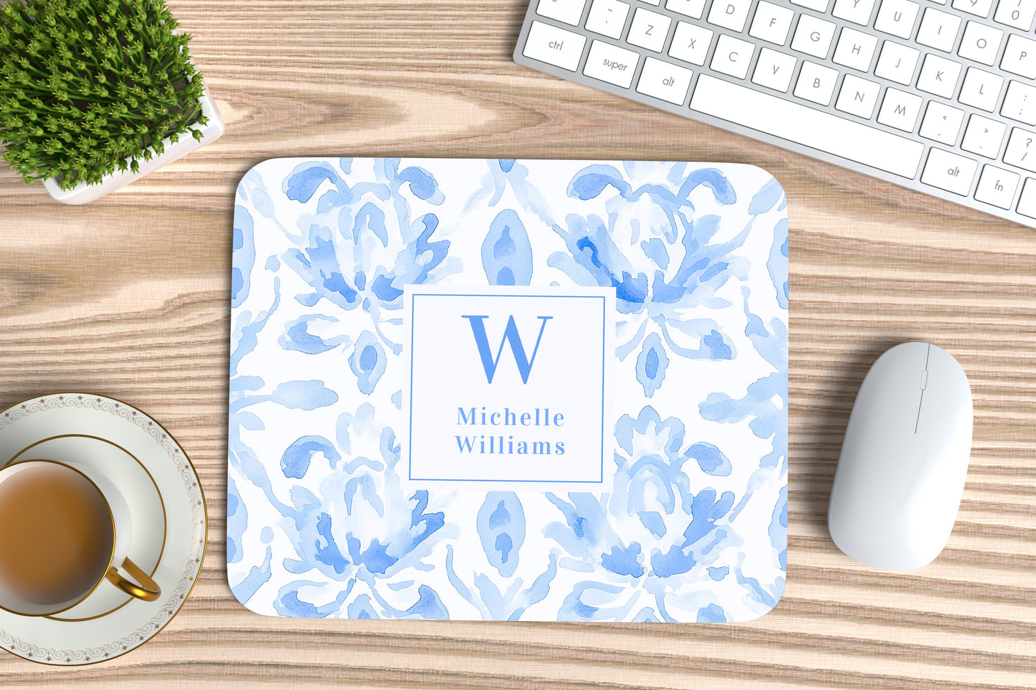Desk & Office Gifts personalized mouse pad with blue floral pattern and initials.