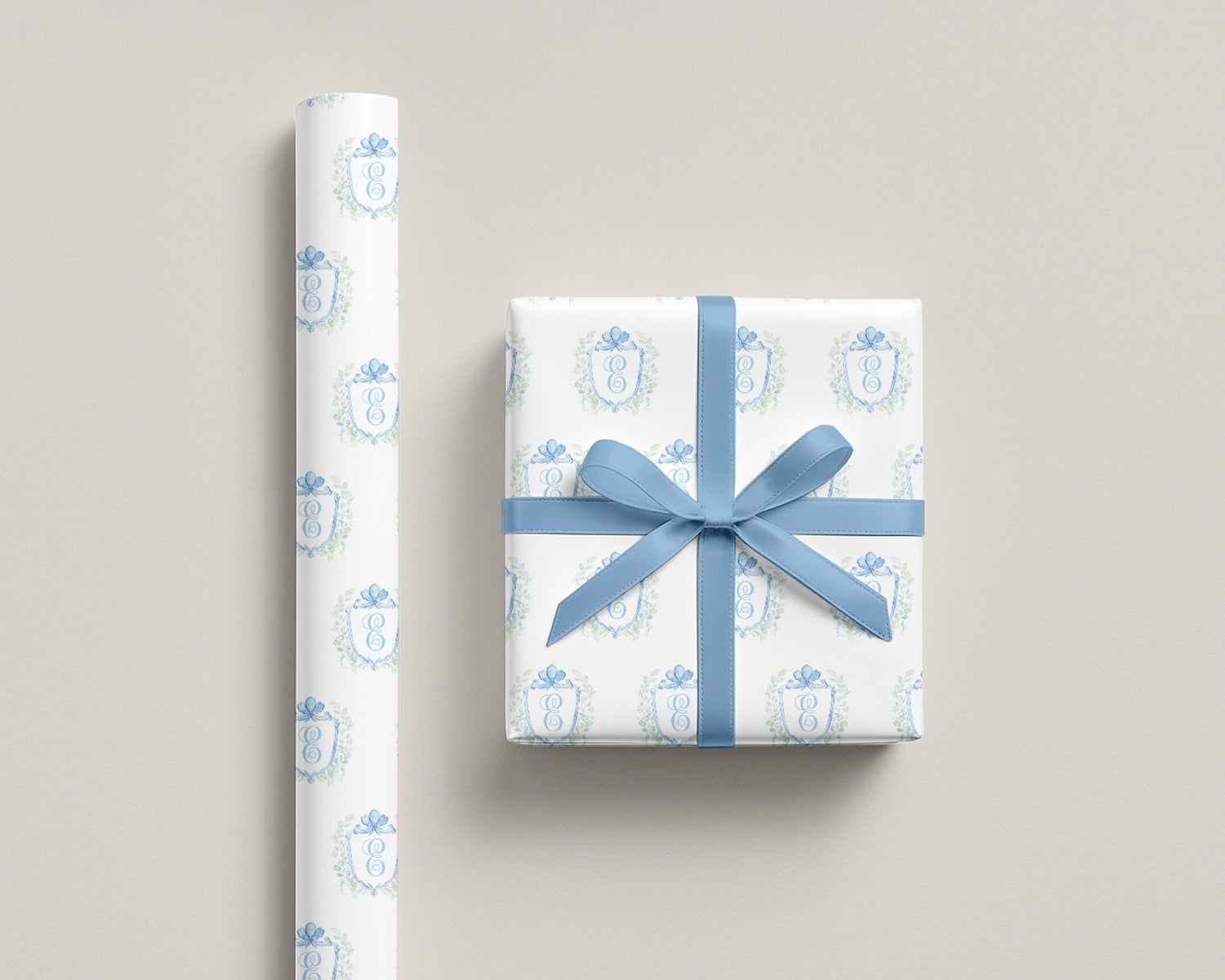 Gift Wrap & Tags collection featuring elegant gift wrapping paper and a beautifully wrapped gift with a blue ribbon.