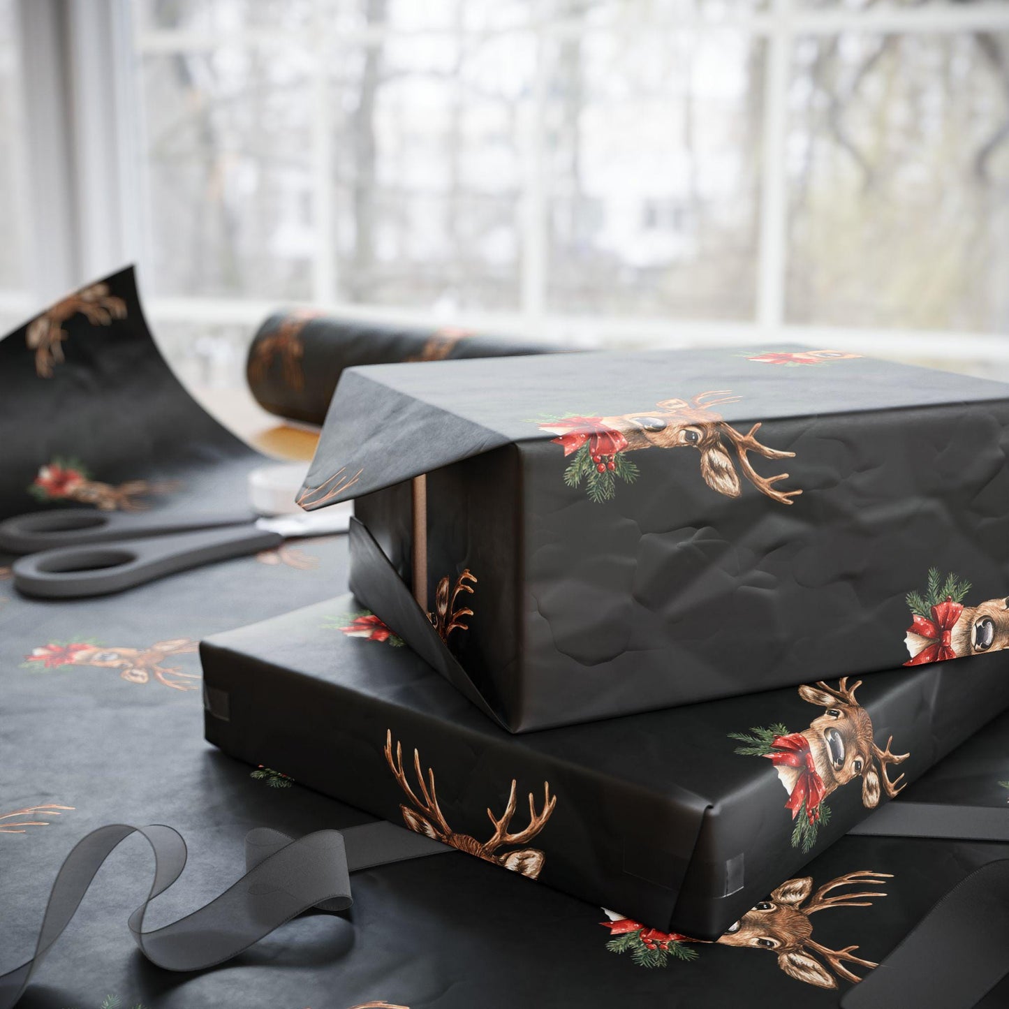 Black Reindeer Christmas Gift Wrap – Modern Neutral Holiday Wrapping Paper