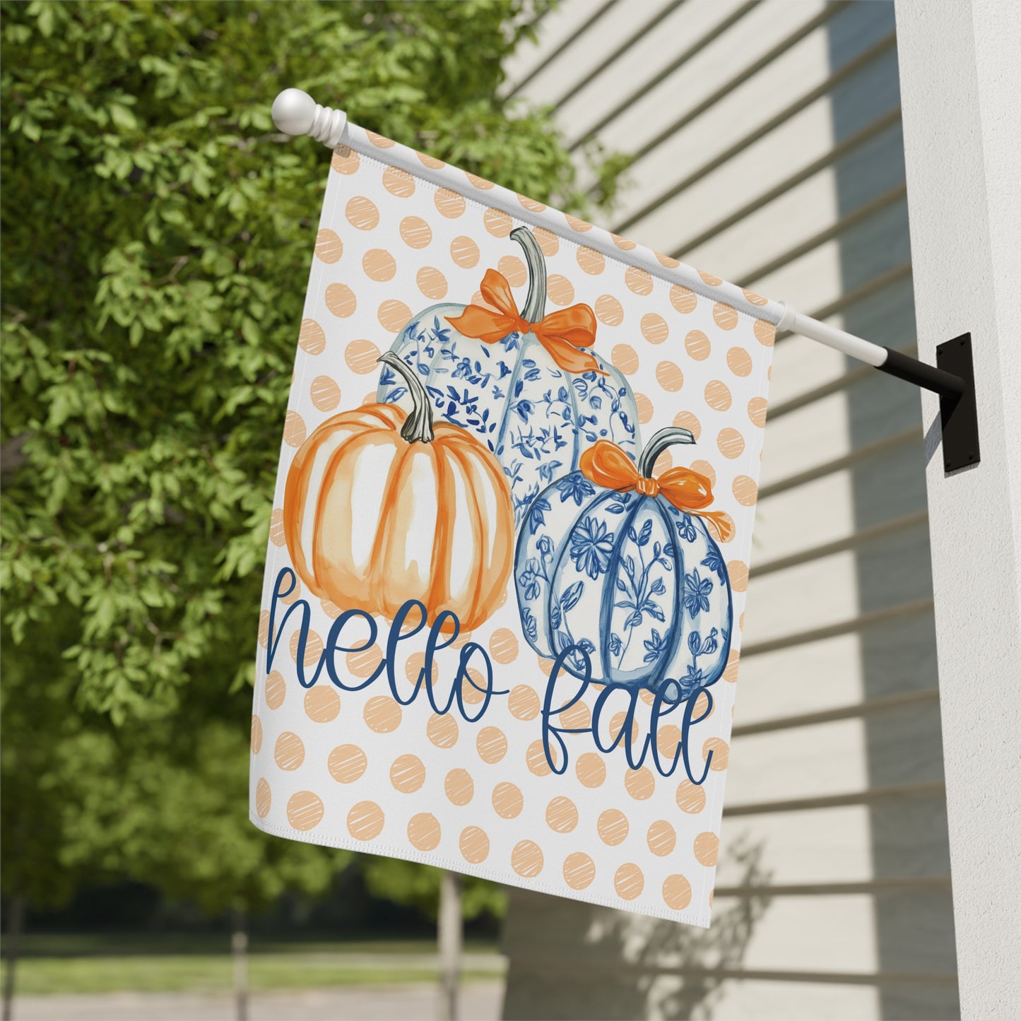 Hello Fall Pumpkin Garden Flag | Polka Dot Blue Orange Fall Yard Banner