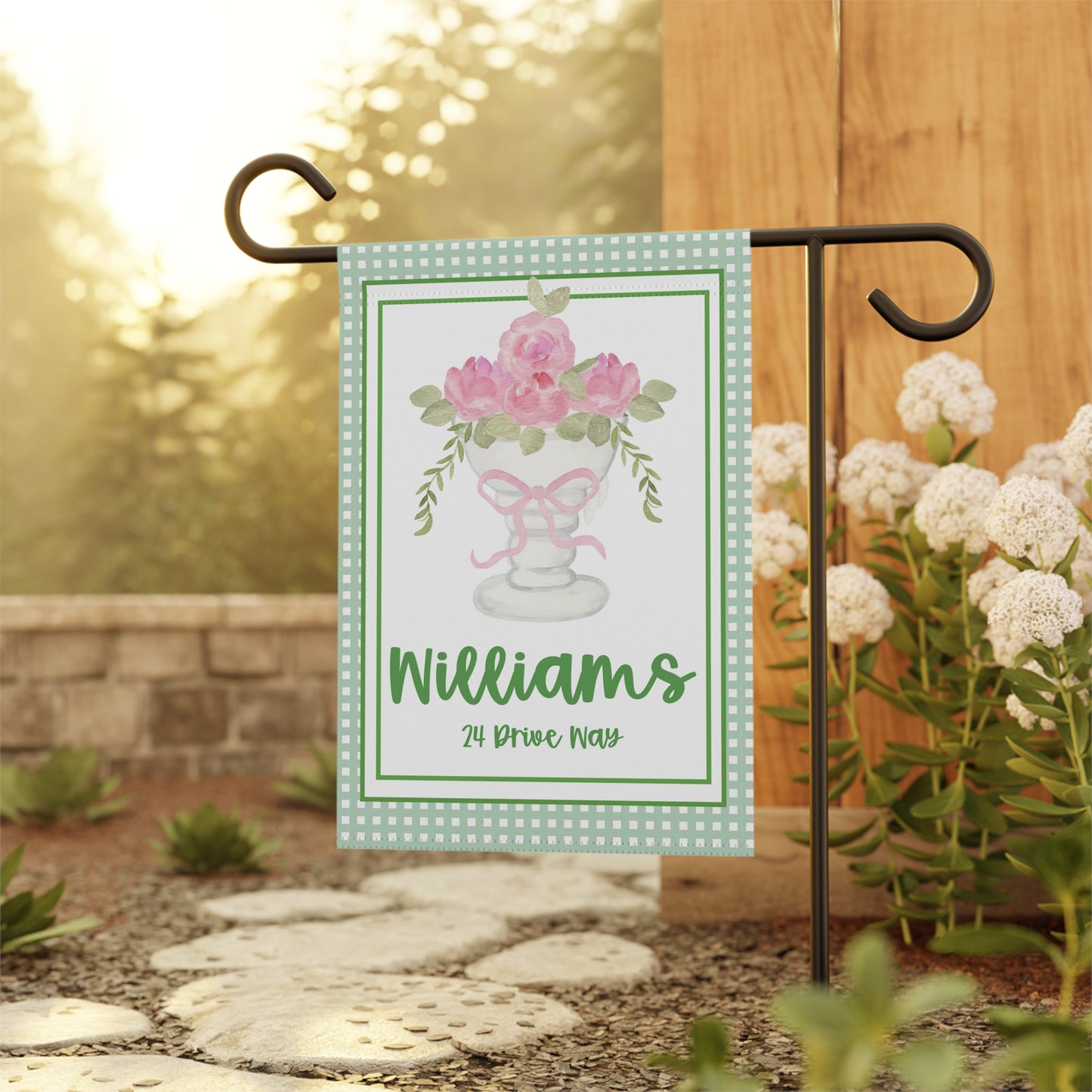 Pink Rose Personalized Garden Flag with Name & Address