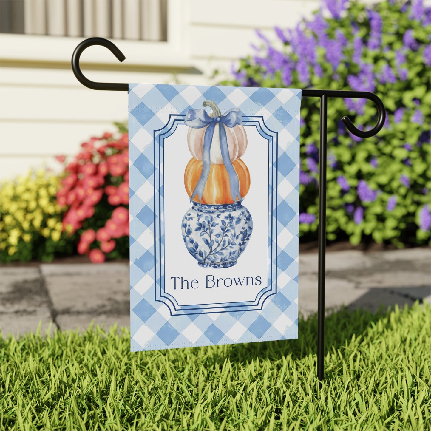 Blue Gingham Pumpkin Stack Garden Flag | House Banner