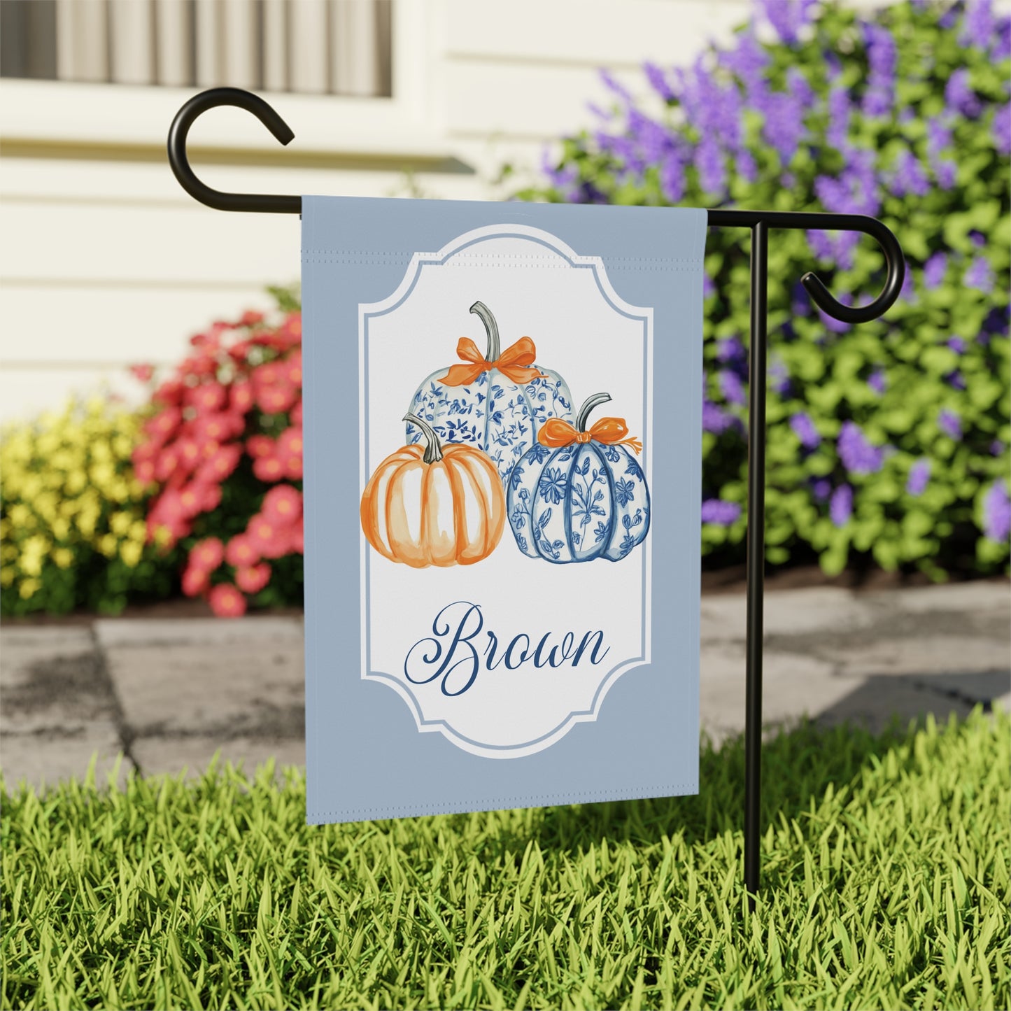 Blue Floral Pumpkins Garden Banner | Personalized Name Accent