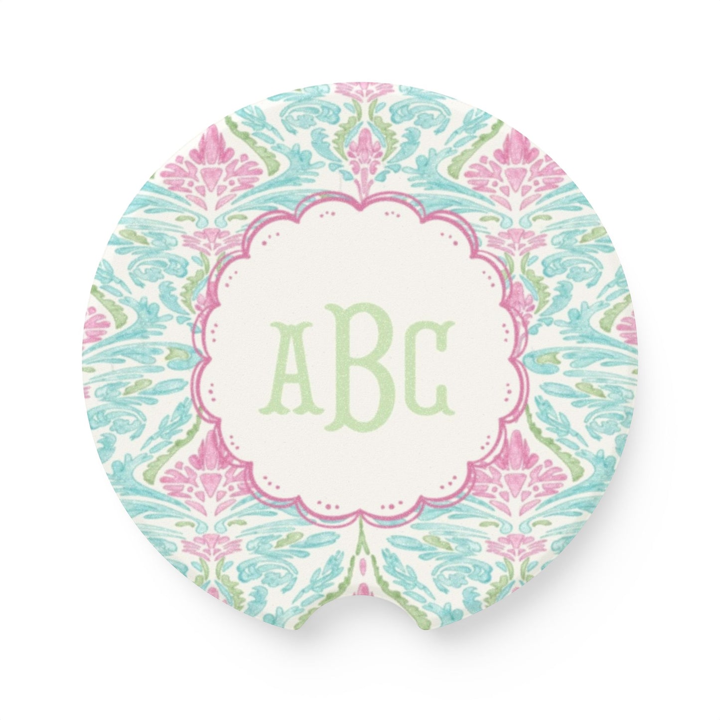 Pink Teal Damask Monogram Soapstone Car Coaster | Personalized Initials