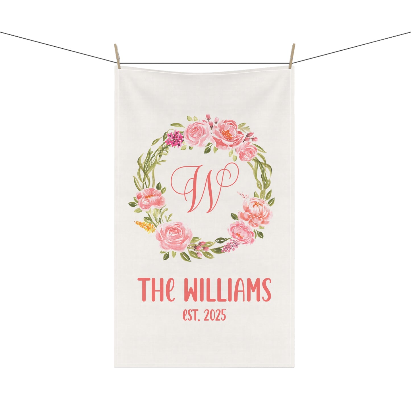 Personalized Floral Wreath Monogram Tea Towel