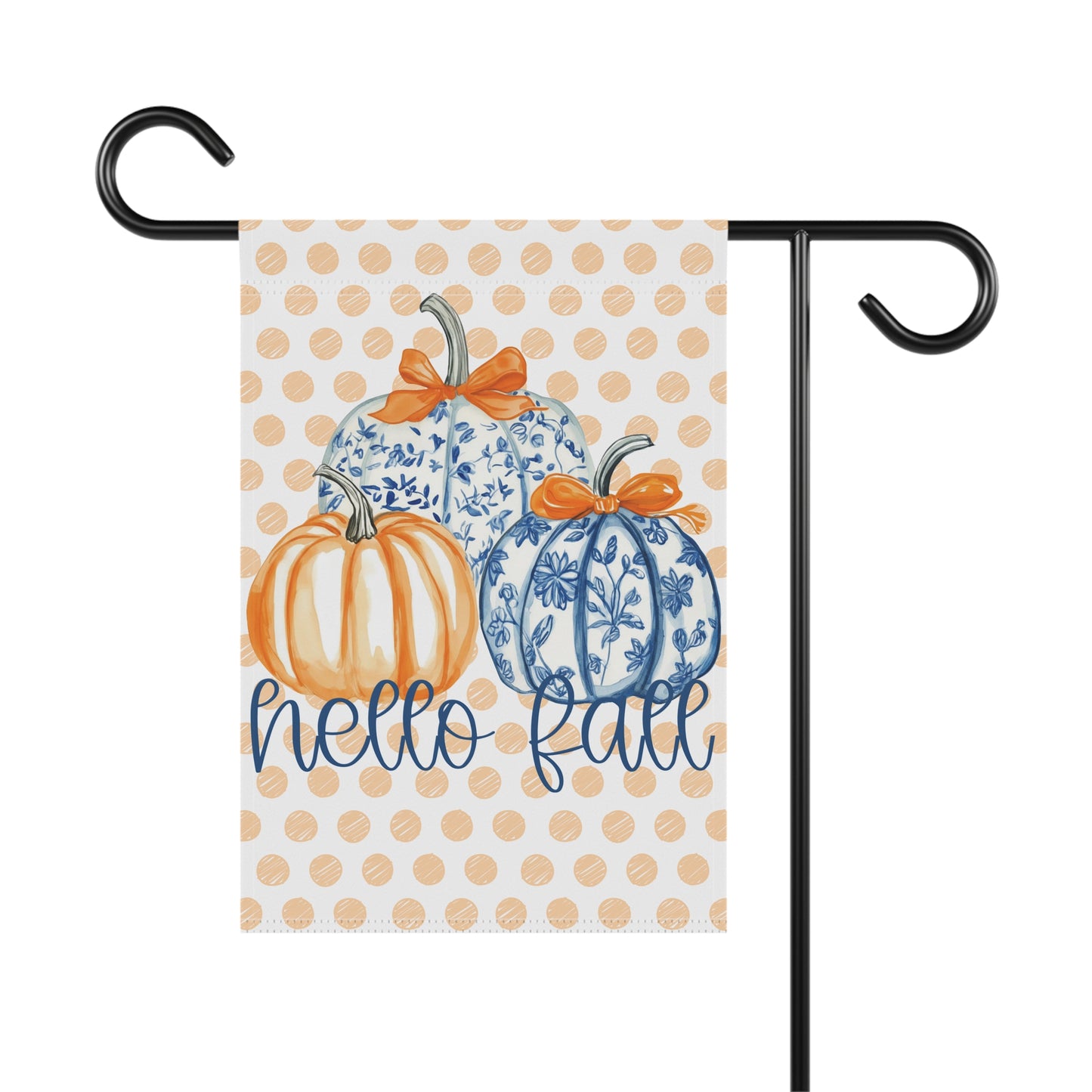 Hello Fall Pumpkin Garden Flag | Polka Dot Blue Orange Fall Yard Banner